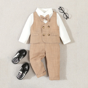 Ensemble de costume 3 pièces élégant pour tout-petits garçons : chemise à manches longues, <span class=keywords><strong>gilet</strong></span>, pantalon et nœud papillon – Idéal pour mariage, fête d'anniversaire, bébé garçon - Product Image 1