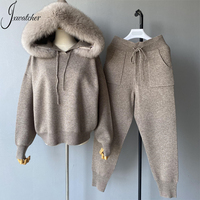 Ensemble deux pièces pour femme Jxwatcher, pull en laine tricoté à capuche en vraie fourrure de renard, pantalon long, personnalisé, noir, printemps-automne