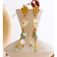 Boucles d'oreilles pendantes JINYOU 7640 en acier inoxydable plaqué or PVD, avec pierres naturelles, émail, coquillages, résine, fleurs et perles, à pampilles
