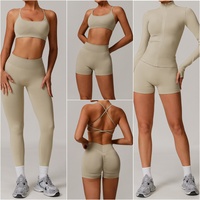 Ensemble de yoga sans couture 4 pièces pour femme : veste de sport, soutien-gorge dos croisé, short cycliste, leggings taille haute – Ensemble de vêtements de sport personnalisé OEM