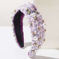 Headband Tweed Mutiara Mewah dengan Hiasan Rhinestone yang Cantik untuk Wanita