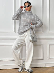 Factory <strong>Women</strong> Winter Long Sleeve Knitted Color Block Grid High <strong>Turtle</strong> <strong>Neck</strong> Sweater Pullover <strong>Jumper</strong> - Product Image 5