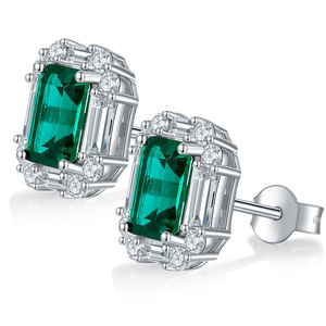 Aretes de Botón de Esmeralda Colombiana de Laboratorio con Diamantes, Joyería en Plata de Ley 925 con Esmeralda Verde de Novedad - Product Image 4