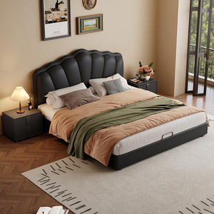 Lit double en cuir noir rétro avec rangement et coffre haut pour chambre à coucher - Product Image 1