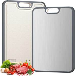 Planche à découper multifonctionnelle en paille de blé et acier inoxydable titane double face, antibactérienne, antidérapante, avec rainure pour les jus - Product Image 1
