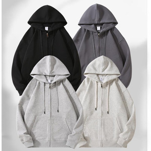 Fleece Lined Zip Up Sweatshirt Solid Color Cotton Hooded Sportswear Casual Drop Shoulder Jacket American Style - Product Image 1