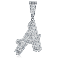 Collier Hip Hop en Argent Sterling 925 Plaqué Rhodium avec Pendentif Lettre Initiale Personnalisée en Moissanite Sertie de Pierres, Testée au Diamant