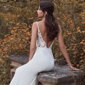 Abito <span class=keywords><strong>da</strong></span> sposa a sirena in pizzo ON423 con spalline sottili, scollo a V, senza maniche, elegante, con strascico lungo e schiena scoperta sexy - Product Image 4