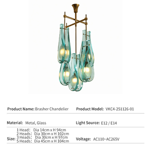 Lustre en verre et métal, verre en forme de goutte d'eau, style postmoderne nordique, design du milieu du siècle, pour salon, salle à manger, villa, hôtel, design artistique - Product Image 2