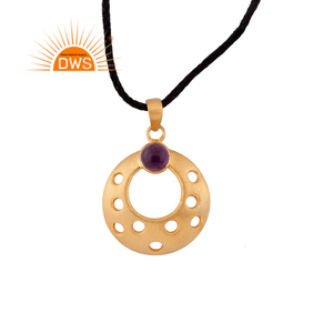 Conjunto de piedras preciosas de amatista, joyería colgante, venta al por mayor, colgante hueco de plata chapado en oro de 18 quilates, collar de cordón negro, Colección Vintage - Product Image 1