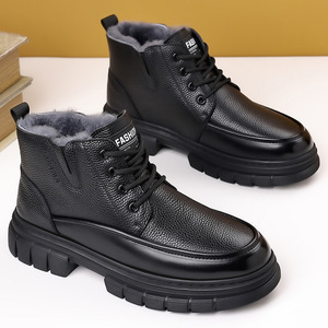 Bottes de neige en cuir imperméables pour hommes, doublées de polaire, à semelle épaisse, antidérapantes, chaussures décontractées pour pères d'âge moyen et âgés - Product Image 3