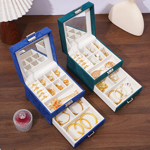 Luxury Suede Double-layer Jewelry Storage <b>Box</b> <b>with</b> <b>Mirror</b> for Earrings Pendant Ring Necklace Bracelet Engagement Wedding Gift - Product Image 3