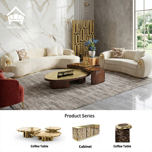 Modern Luxury <strong>Gold</strong> Brass Curved Velvet Sectional Boucle <strong>Sofa</strong> with Chairs and Round Coffee Table for Villa Living Room Furniture - Product Image 1