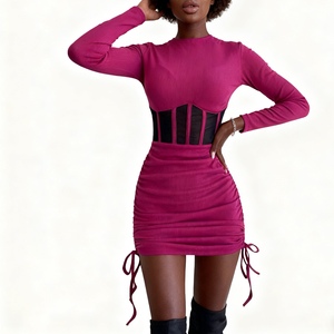 Robes pour femmes à col rond, sexy, à manches longues, à volants, en maille, avec laçage à la taille, tendance - Product Image 1