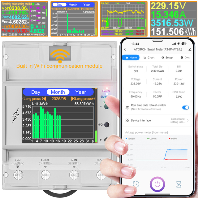 AT4PWSL AC85-265V 99A Tuya WIFI Din Rail Smart Switch Remote Control Digital Single Phase 0-99999KWH Volt Amp Meter C153