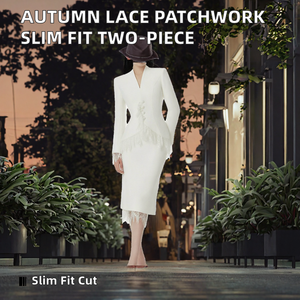 <b>White</b> <b>Lace</b> Patchwork Two Piece Suit Set V Neck Slim Fit Jacket and Half Skirt Autumn Women Outfit - Product Image 2