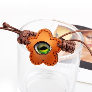 Flower Eye <b>Leather</b> <b>Bracelet</b> Brown Bezel Setting Gift Charm Fashion Woven Five Pointed Star Style - Product Image 1