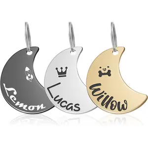 Tag anjing logam desain baru 2023 tag hewan peliharaan pribadi sesuai pesanan tag anjing bentuk bulan terukir