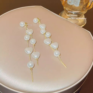Women's Modern Daily Wear Gold-Plated Round Pearl <b>Heart</b> Stud Earrings Fashion Design With <b>Sweet</b> Long Tassel Made From Alloy - Product Image 4