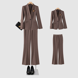 Women's Suit <b>Set</b> Collarless <b>Blazer</b> Pants Houndstooth Pattern Anti-Wrinkle Formal Business Wear Autumn Winter 2024 Style - Product Image 1
