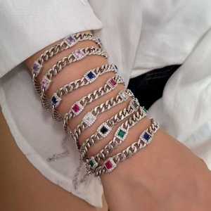 Bracelet plaqué or 18 carats avec halo de pierres CZ colorées rectangulaires, serti micro-pavé, maillons <span class=keywords><strong>gourmette</strong></span> épais, ensemble de bracelets - Product Image 2