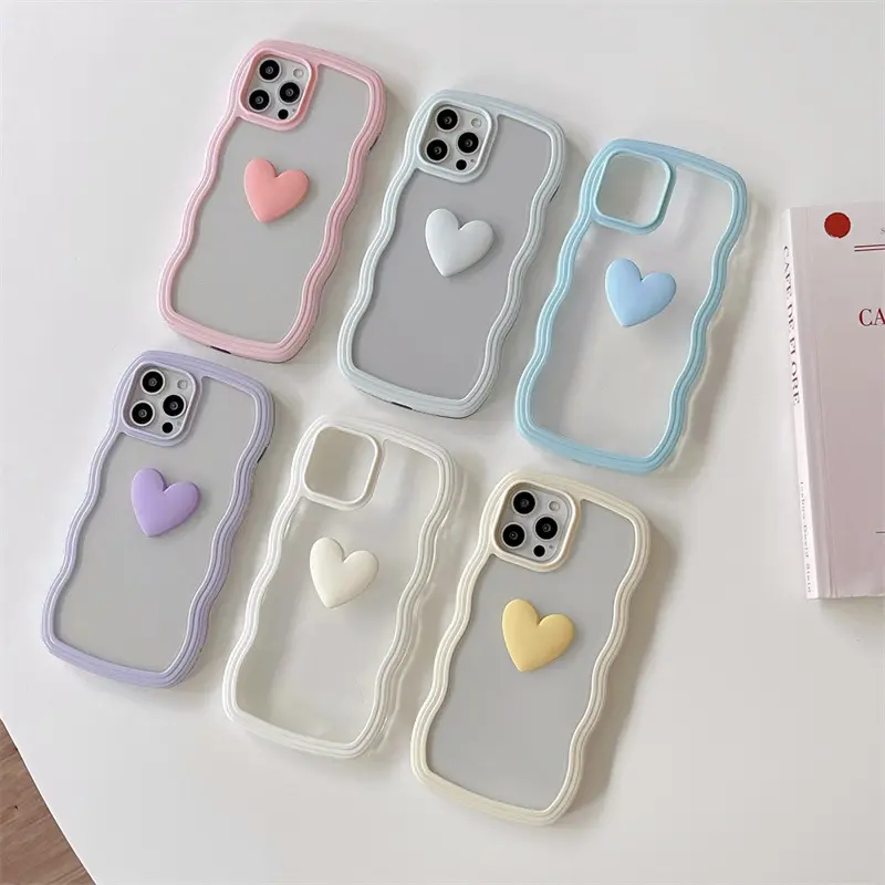 Wave Frame Solid True Color 3D Love Heart Phone Cover for Apple iPhone 13 12 Pro Xr X Xs Max 11 Cases