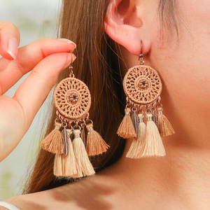Boucles d'oreilles pendantes bohèmes géométriques en alliage avec pompons, ensemble de bijoux de fête pour femmes, plaqué bronze antique, boucles d'oreilles pendantes tendance - Product Image 4
