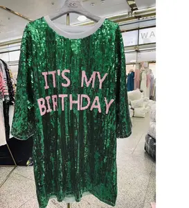 カスタムアパレルそれは私の誕生日の言葉ですパーティーナイトクラブスタイルのグリーンスパンコールシャツ