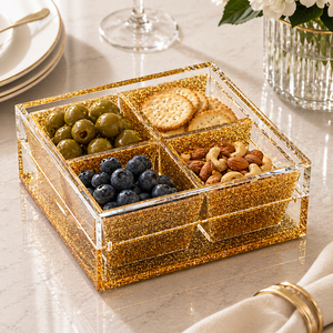 Juego de Platos para Servir Aperitivos de Acrílico con 4 Compartimentos, Bandeja de Lucite con Brillo Dorado, Servidor de Condimentos - Product Image 1