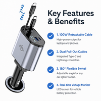 Chargeur de voiture 100W PD avec affichage de la tension LCD, câbles rétractables doubles, adaptateur de charge rapide multi-ports pour iPhone Samsung