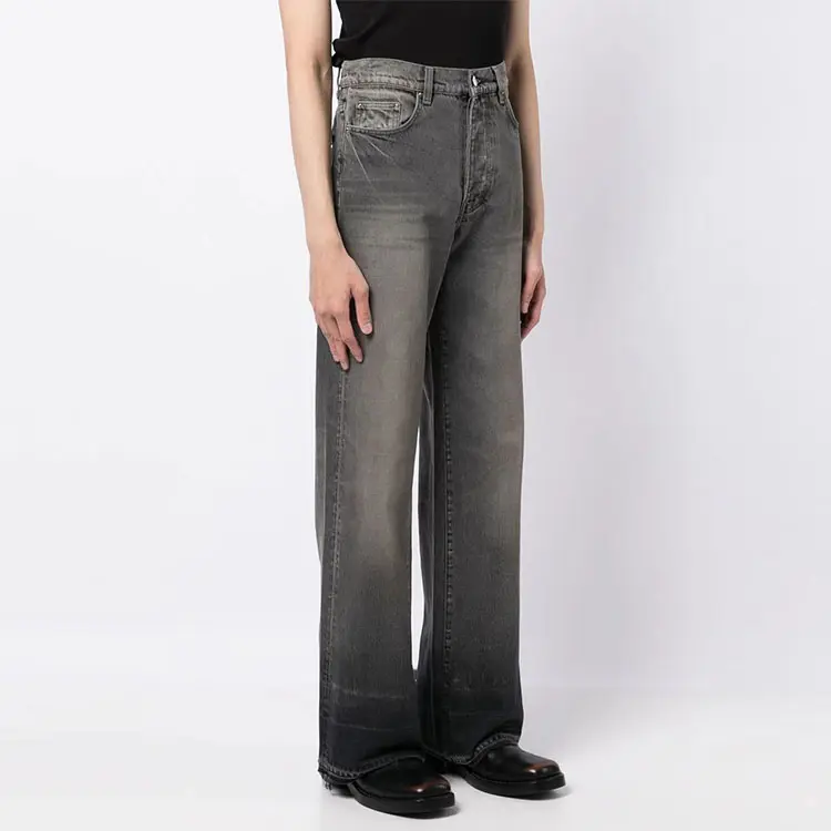 custom loose fit pants hip hop stylish high quality vintage faded effect black baggy wide leg jeans for men