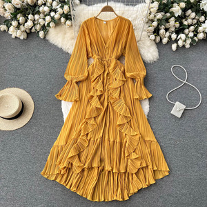 2024 vacaciones gasa Vestidos largos <span class=keywords><strong>Mujer</strong></span> hoja de loto encaje cuello en V temperamento plisado cintura volantes vestido Casual para <span class=keywords><strong>mujer</strong></span> - Product Image 6