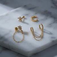 Set Anting Emas 18K Lapis Baja Tahan Karat 316L, Model Bunga, Stud CZ, Huggie Hoops dengan Rantai, Perhiasan Minimalis untuk Tindik Tulang Rawan