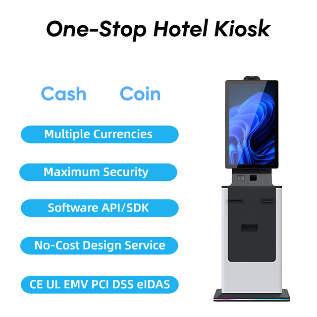 Hospital Hotel Self Service Kiosk 27/32 Inch Touch Screen Multi-OS Check Cash Payment SDK Compatible Optional Barcode Reader
