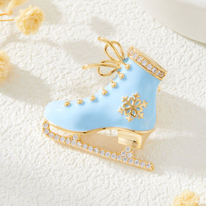 Ice Skate Brooch Blue Enamel Gold Snowflake Women's Fashion Accessory Gift Zinc Alloy Channel Setting - Product Image 1