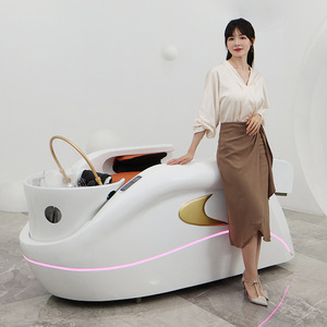 Cama de Champú Eléctrica Moderna de Lujo para Spa Capilar, Silla de Champú de Salón de Belleza de Cuero PU Duradero con Lavabo de Cerámica, Cama de Masaje para Salón - Product Image 5