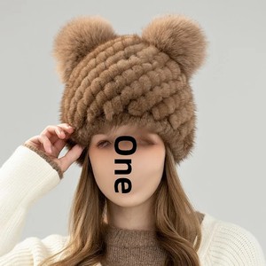 Chapeau tricoté en vraie fourrure de vison chaud pour <span class=keywords><strong>femme</strong></span>, <span class=keywords><strong>bonnet</strong></span> d'hiver à boutons, protection des oreilles, rayé jacquard, 100% fourrure de vison - Product Image 2