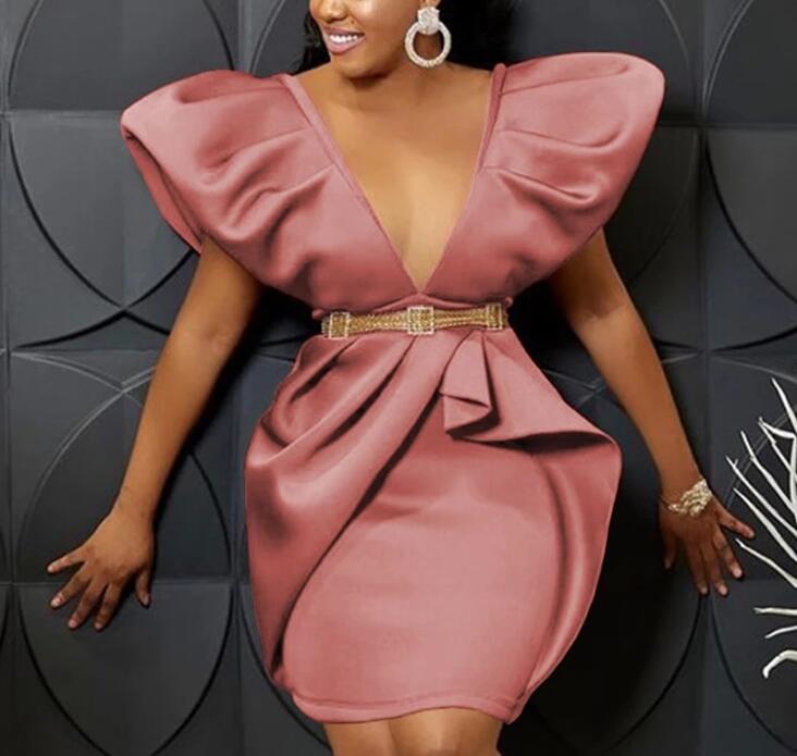 Above Knee Sexy Sleeveless Cute Deep V Neck Pleated Girl Club Dresses