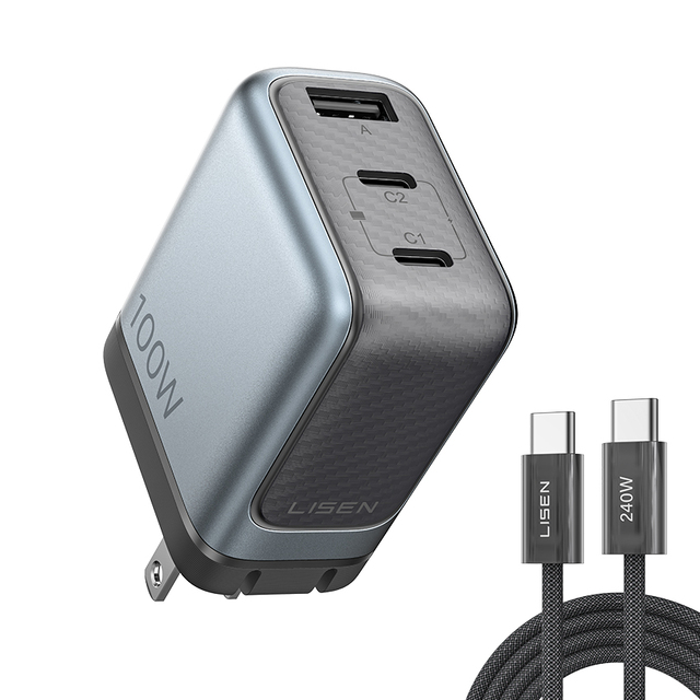 LISEN 2026 Trending 100W 3 Port Include 240W Cable GaN USB C Charger Foldable Power Adapter for MacBook Laptop Travel Outdoor