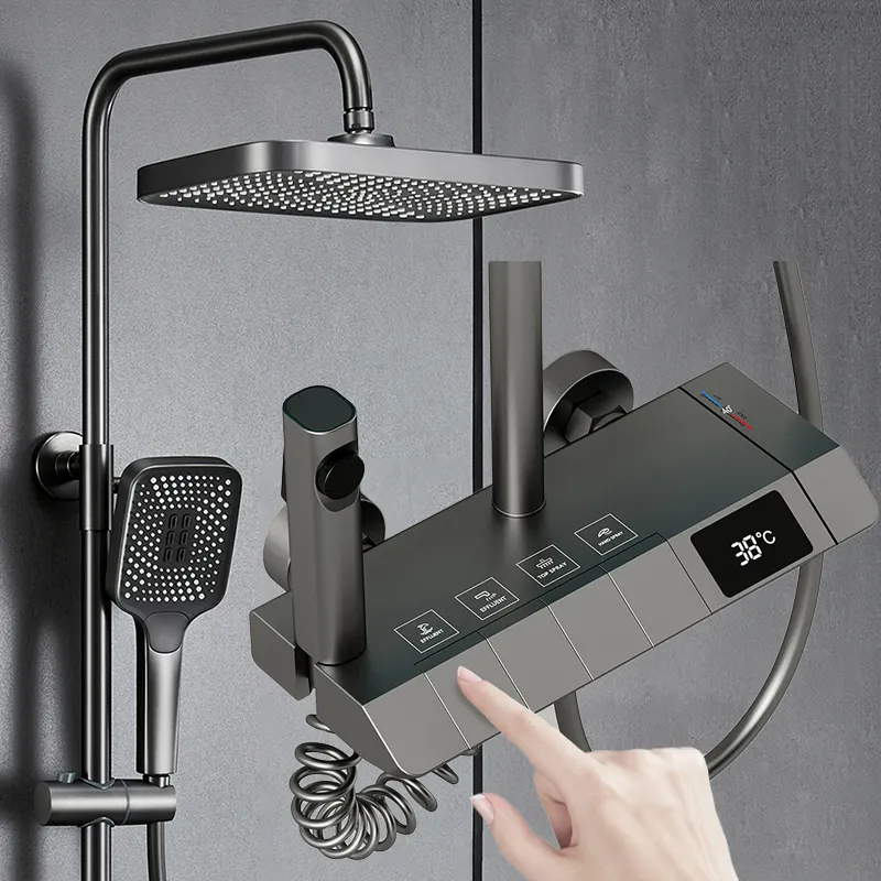 Gun gray 4 Functions Keypad Piano Push bathroom thermostatic shower set Button Press Key Flat Digital Display Bath shower System