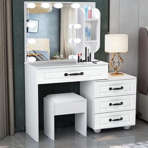 Meuble sur mesure avec 4 tiroirs, miroir de vanité éclairé blanc brillant pour filles, <span class=keywords><strong>commode</strong></span> en bois moderne pour chambre à coucher et salon - Product Image 1