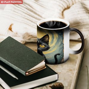 Frosted Black <b>Ceramic</b> <b>Mug</b> 11oz Heat Activated Coffee Cup With Cat Art Design - Product Image 3