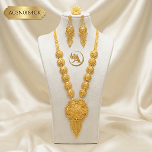 Antique Dubai Arabic Long Necklace Set with Earrings & Rings 18K Gold Plated Brass Flower Box <b>Chain</b> Fashion Necklace - Product Image 1