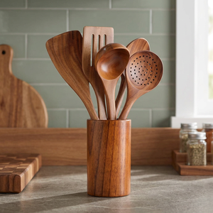 6-Piece Natural Wood Utensil <b>Set</b> with Holder Eco-Friendly Cooking <b>Spatula</b> Spoon Skimmer - Product Image 3