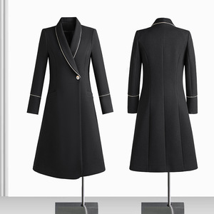 Women's Wool Coat Navy Blue Long Sleeve Solid Color Winter Uniform For Office Staff Flight Attendants Hotel Receptionists - Product Image 2