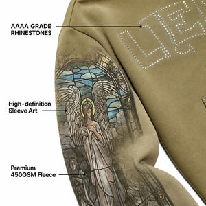 Sudadera con capucha oversize para hombre con cremallera, pedrería y diseño de vitral, estilo streetwear, efecto desgastado, de felpa francesa - Product Image 2