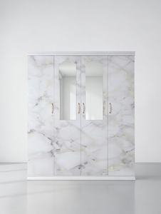 Armoire moderne en acier blanc à 4 portes avec portes miroir à impression abstraite ondulée dorée pour chambre à coucher - Product Image 1