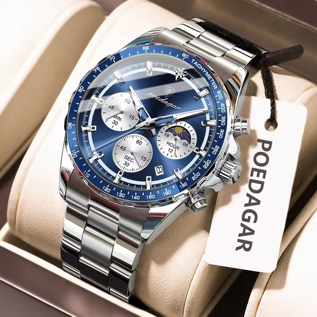 POEDAGAR Men Clock Sports Waterproof Luminous Chronograph Watch for Man Stainless Steel Quartz Men's Watches Reloj