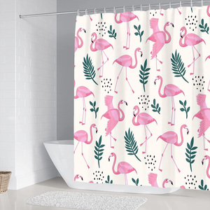 Ensemble de salle de bain 4 pièces avec <span class=keywords><strong>rideau</strong></span> de douche en polyester imperméable à imprimé <span class=keywords><strong>flamant</strong></span> rose mignon personnalisé, tapis et couvercle de toilette - Product Image 3