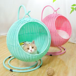 Cama Redonda para Mascotas, Cesta de Ratán PP, Cuna para Gatos, Nido Balancín, Cojín <span class=keywords><strong>Interior</strong></span>, Colchoneta, <span class=keywords><strong>Hamaca</strong></span> para Gatos y Perros, Diseño con Bola Colgante - Product Image 2